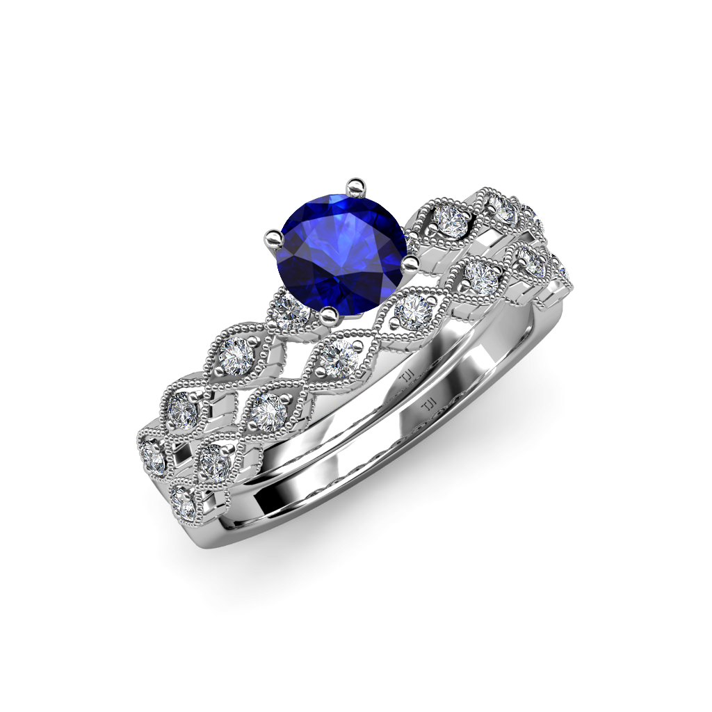 Blue Sapphire & Diamond Marquise Shape Engagement Ring & Wedding Band ...