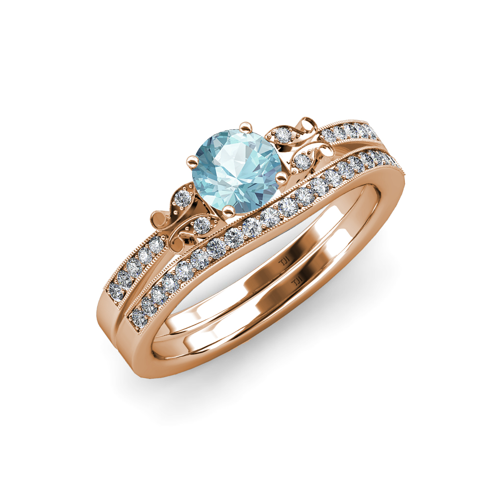 Aquamarine & Diamond Butterfly Engagement Ring & Wedding Band Set 14K ...